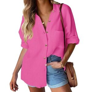 Women's Rose Pink Linen Button-Up Blouse
